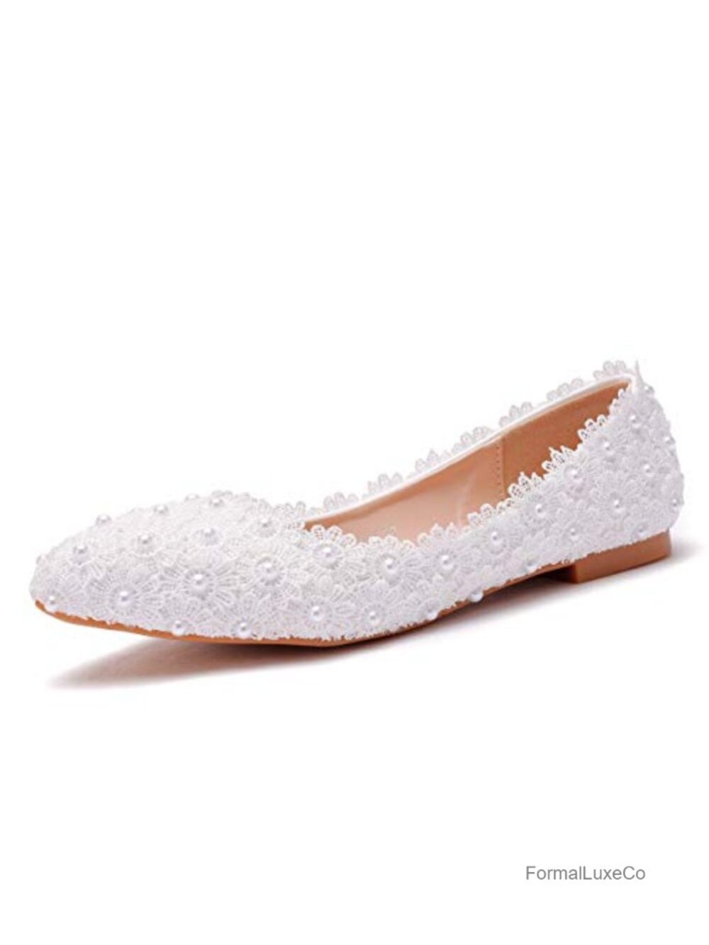 Women’s White Lace Pearl Flats